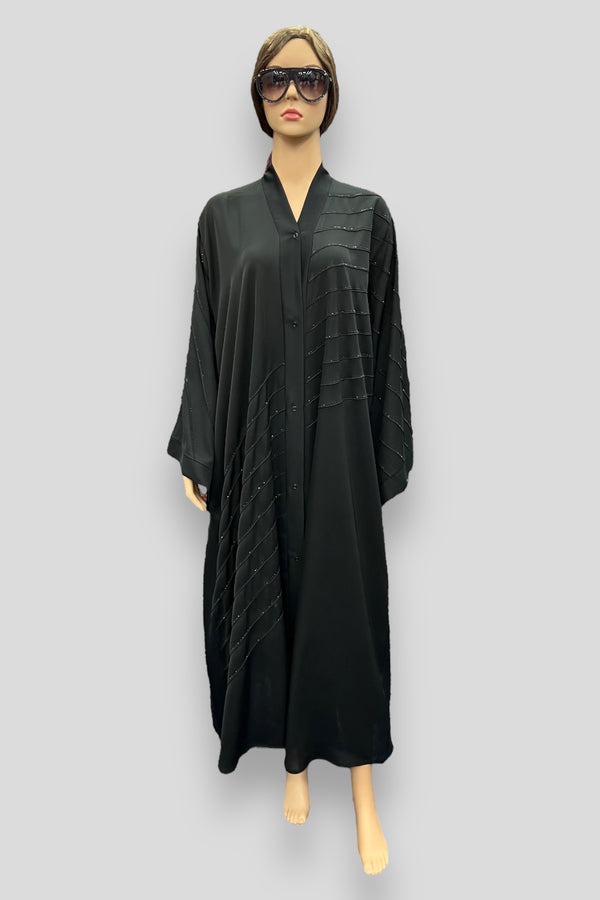Black Gown Cross Stone Piping Abaya AH04802